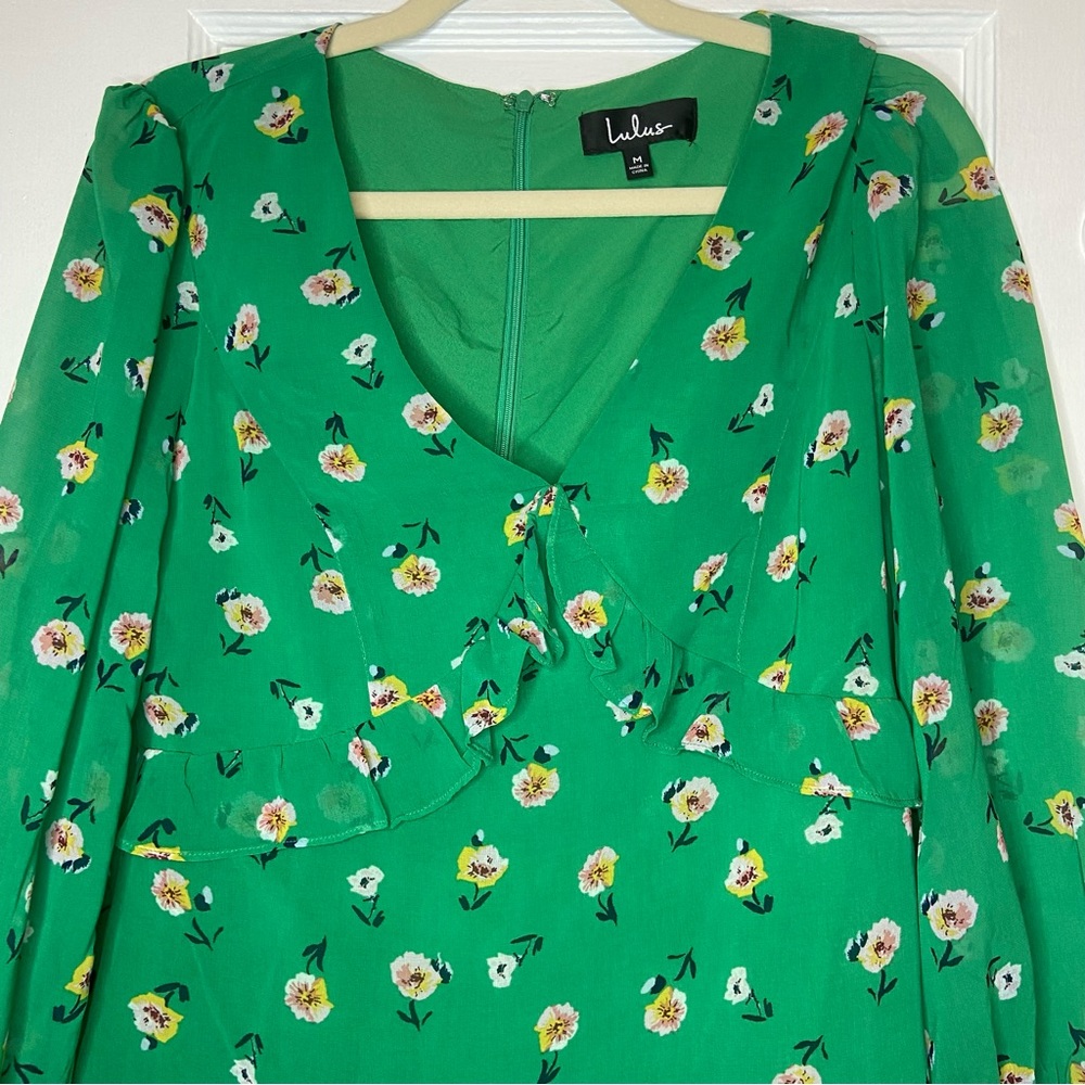 Lulu’s Field of Vision Green Floral Print Long Sleeve Mini Dress Feminine Medium - Picture 6 of 16